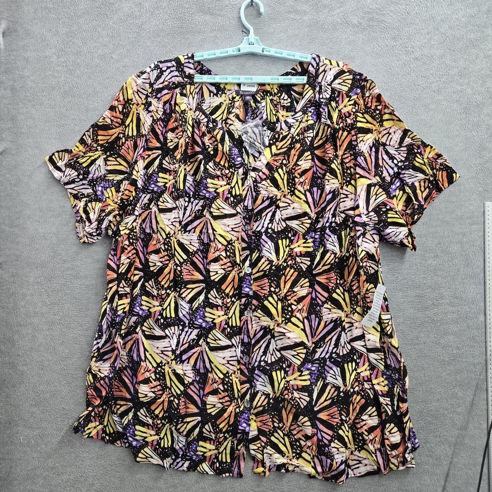 Roaman's Women Blouse 44W Black Floral Button Scoop Neck Front